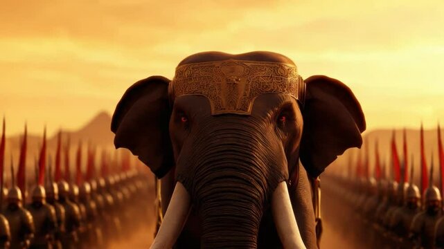 Majestic Elephant with Ornate Headpiece Under Golden Sunset Surrounded by Ancient Soldiers in the Background