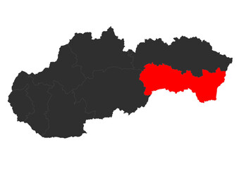 Fototapeta premium Red vector silhouette of the location map of the region of kosice in the country of Slovakia.
