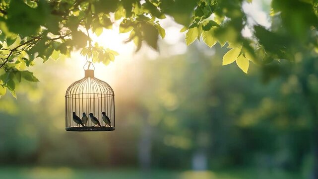 Bird cage hanging from tree branch with sunlight in peaceful outdoor scene