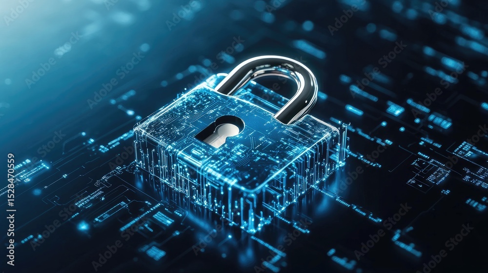 Poster conceptual representation of it network security using digital padlock and encrypted data stream