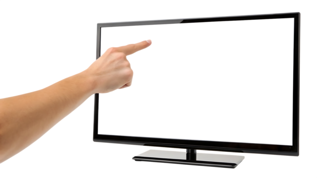 Hand pointing at modern flat screen tv isolated on a white background png ai generated