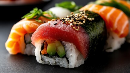 An artistic composition of beautifully arranged sushi rolls features vibrant colors and fresh ingredients, capturing the essence of Japanese cuisine and culinary artistry.