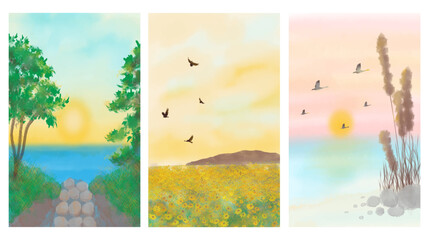 Hand Drawn Summer Nature Poster Set &ndash; Coastal Path, Flower Field, Sunset by the Lake