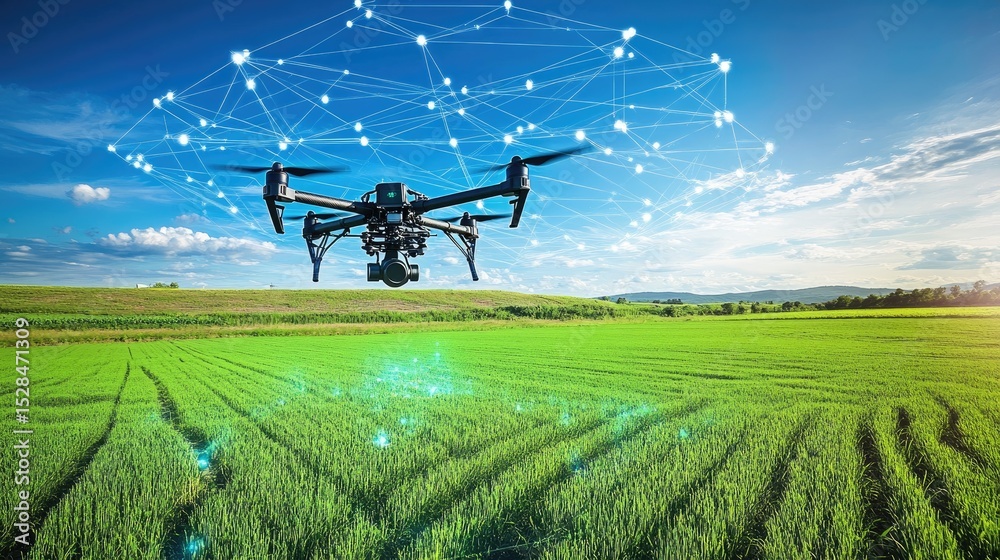 Poster drone flying over smart field, uploading instant data streams to cloud in real time, surrounded by d