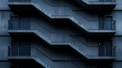 Architectural features of a modern building with zigzag fire escape staircases in urban setting during evening light