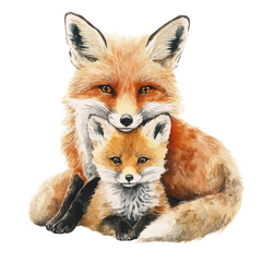 watercolor vector of A Mother Fox With Her Kid, high quality, isolated on a white background.