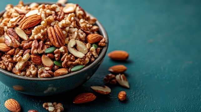 A close-up of a bowl filled with an assortment of healthy mixed nuts, showcasing their rich textures and colors, ideal for snacking and promoting wellness and nutrition.