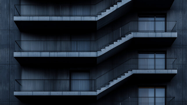 Sleek modern architecture featuring spiral staircases illuminated at dusk in a city setting