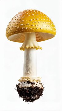 Striking mushroom, amanita muscaria species with its yellow cap speckled with white warts and partial veil, rhizoids visible