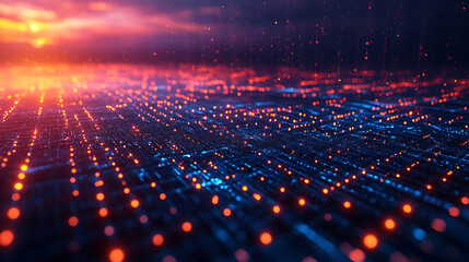 Abstract Digital Network Landscape at Sunset Futuristic Technology Background