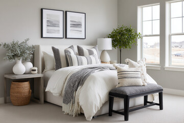 modern bedroom featuring clean lines and monochrome textile accents