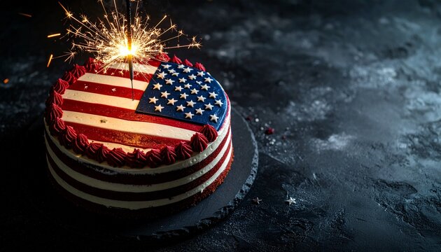 A festive 4th of July cake decorated in red, white, and blue, set against a deep black background for striking contrast