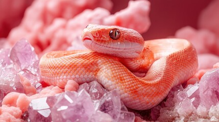Fototapeta premium An intricate pink snake elegantly coiled on a bed of sparkling crystals, showcasing nature's unique beauty against a soft pastel background.