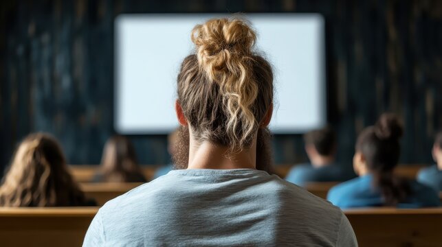 A student is attentively listening in a classroom, embodying the essence of learning and engagement while sitting amongst peers in a modern educational environment.
