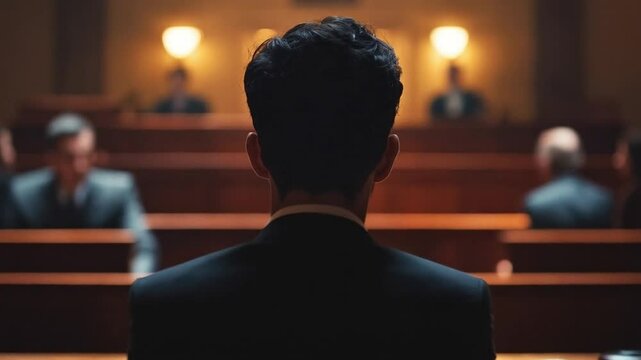 A tense courtroom echoes as the suspect stands silently, awaiting judgment under piercing, watchful gazes.

