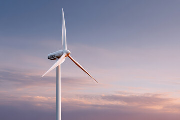 solitary wind turbine in netherlands at soft twilight framed by natural curves