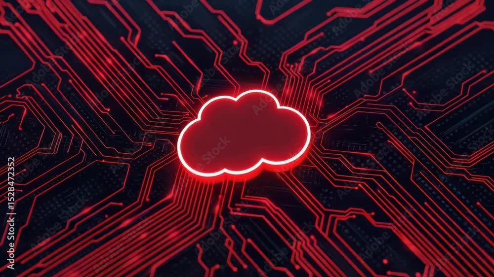 Poster abstract digital cloud illustration with circuit patterns in red and black color scheme for tech and
