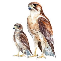 A Mother Falcon With Her Kid, watercolor painting vector, high quality, isolated on a white background.
