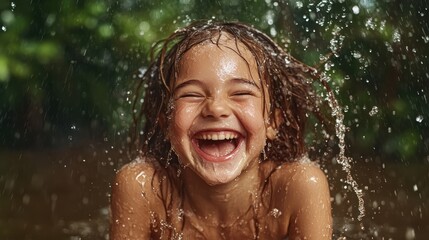 Obraz premium A joyous child with wet hair laughs freely as she plays in the rain, surrounded by a lush green background, capturing the pure essence of childhood joy and spontaneity.