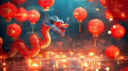 Chinatown celebrates New Year with dragons and red lanterns.