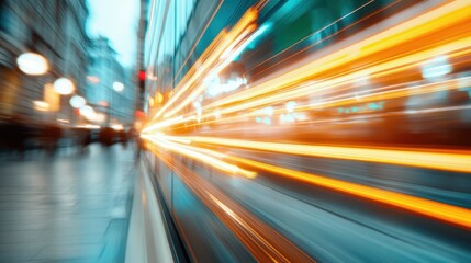Fototapeta premium This captivating image depicts light trails created by moving vehicles on a bustling urban street, symbolizing the fast-paced energy of city life and vibrant nightlife.