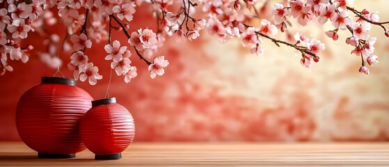 Decorative lanterns and sakura blossoms brighten the New Year.