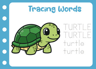 tracing the word of cute turtle. animal education game