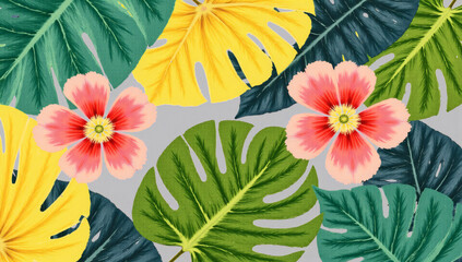 Fototapeta premium Vibrant Tropical Leaves Collage Art, Lush Green Foliage, Exotic Florals, Summer Paradise, Bold Organic Composition, Nature-Inspired Design, Bright Sunny Tones, Botanical Wall Art, Jungle-Themed Decor,