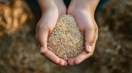 Hands cupping a handful of uncooked brown rice grains.