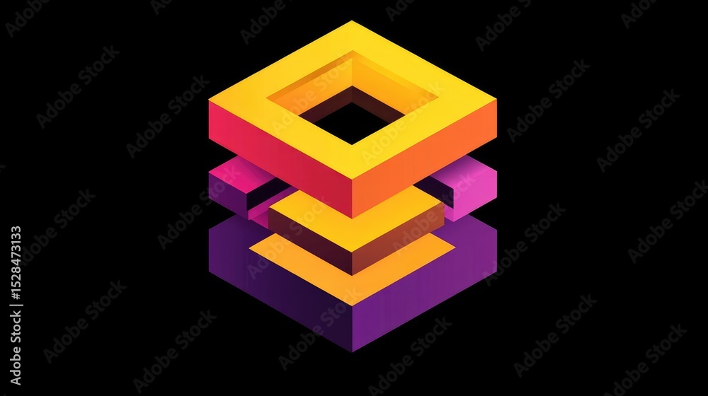 Poster logo design of layered square chips forming a d cube, indicating scalable and modular technology arc