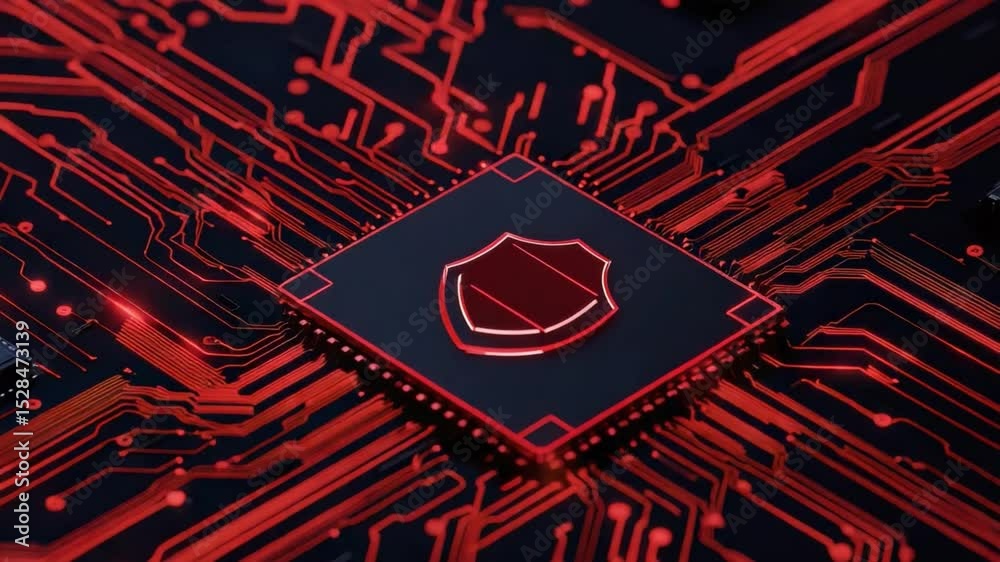 Poster abstract digital circuit with red lines, microchip, and security shield symbol on a dark background 