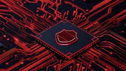 Abstract digital circuit with red lines, microchip, and security shield symbol on a dark background demonstrating technology - Powered by Adobe