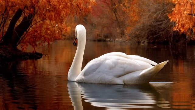 A graceful swan glides effortlessly across the shimmering lake, its pure white feathers glowing beautifully.
