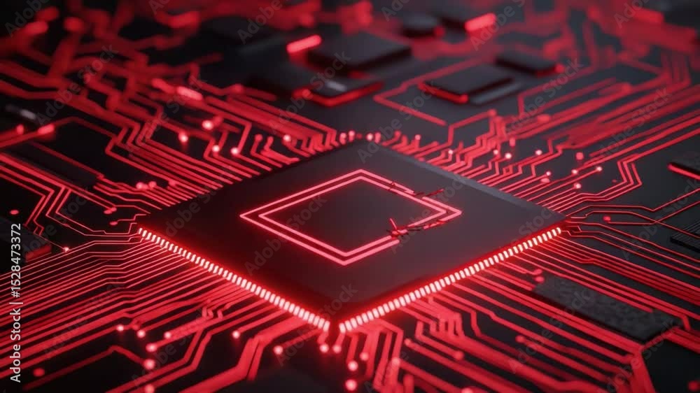 Poster abstract electronic circuit board with red highlights and central processor displaying modern techno