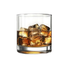 Glass filled with ice cubes and brown liquor