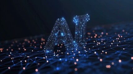 Modern technology logo with stylized AI letters formed from connected nodes and circuit traces, floating over clean backdrop