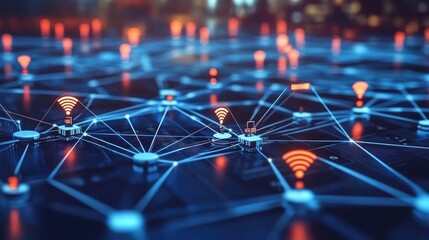 Network topology diagram with routers, switches, and nodes connected via fiber and Wi-Fi links
