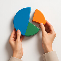 Colorful Pie Chart Slice Held by Hands, Diversified Investment Strategy, Financial Data Visualization, Business Concept, Flat Lay Surreal