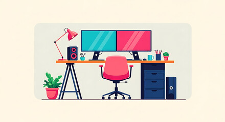 Modern Desk Setup with Dual Monitors and Geometric Accents