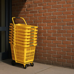 Stack of Yellow Shopping Baskets on Wheels Outside Supermarket, Urban Retail Scene with Brick Wall Background for Marketing & Advertising