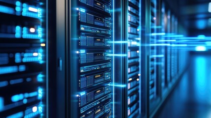 Server rack emitting digital beams to multiple user devices, representing instant data delivery across networks
