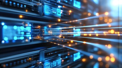 Server rack emitting digital beams to multiple user devices, representing instant data delivery across networks