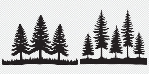 Fototapeta premium Set Trees. Hand Drawn Vector Illustration – Stylized Pine Tree Silhouettes, Minimalist Forest Design with Conical Shapes, Black on White, Simple Symmetrical Nature Graphic