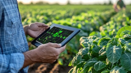 Smart agriculture tech monitoring plant growth with sensor data shown on solar-powered tablet
