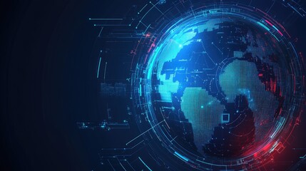 Technology banner with rotating digital globe, satellite signals, and connected continents