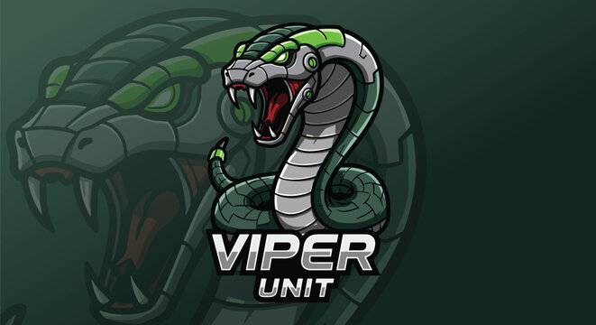 High-tech viper head with coiled armor and tactical sensors. Futuristic vector-style esports mascot.