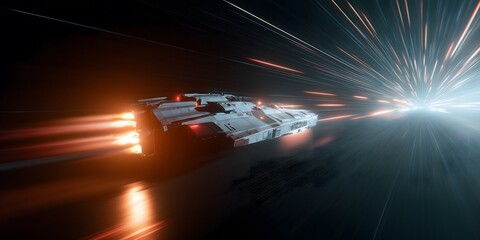 A futuristic spaceship traveling at high speed through space, with bright light trails and a starry background, conveying a sense of adventure and exploration.