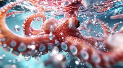 This enchanting underwater scene features a vibrant octopus gracefully swimming, surrounded by shimmering bubbles in the clear blue sea, showcasing nature's beauty.