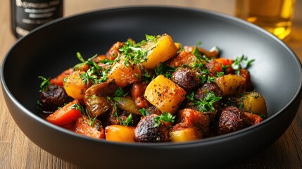 An appetizing assortment of vibrant roasted vegetables beautifully arranged in a sleek black bowl, exemplifying culinary artistry and healthy eating trends in modern cuisine.