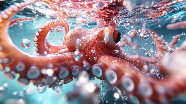 This enchanting underwater scene features a vibrant octopus gracefully swimming, surrounded by shimmering bubbles in the clear blue sea, showcasing nature's beauty.